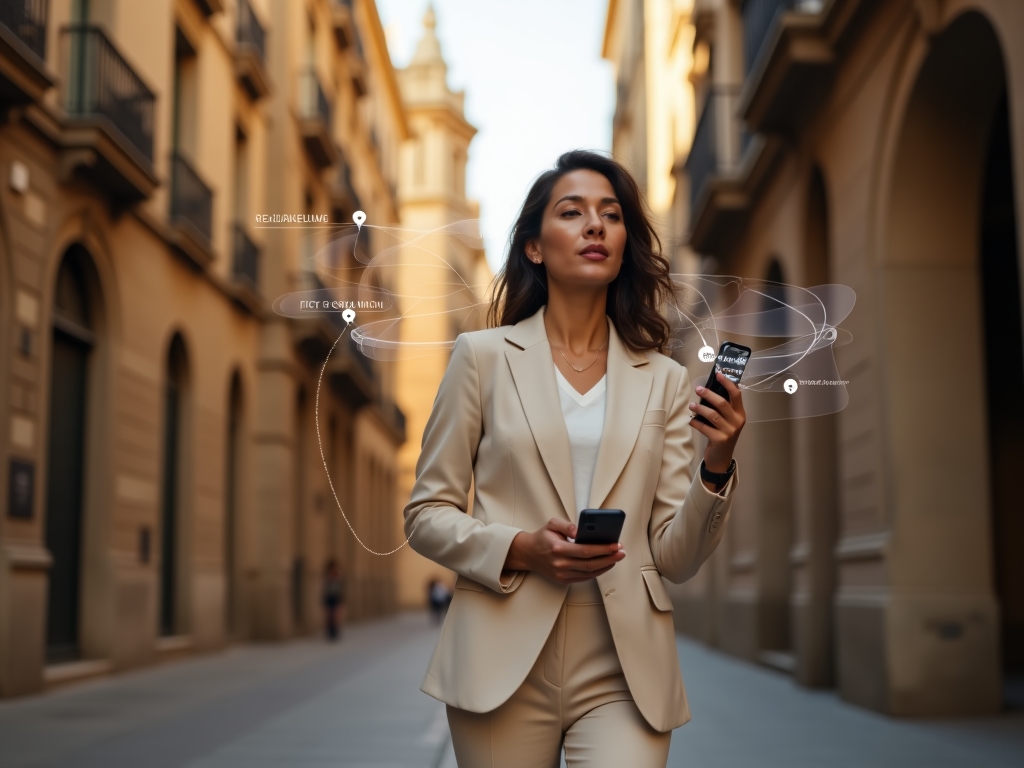 Turista utilizando navegación AR en el casco antiguo de Barcelona