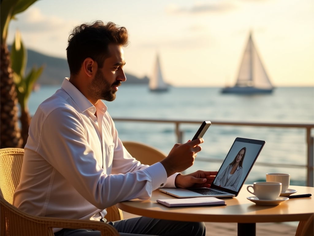 Profesional trabajando remotamente desde una cafetería costera