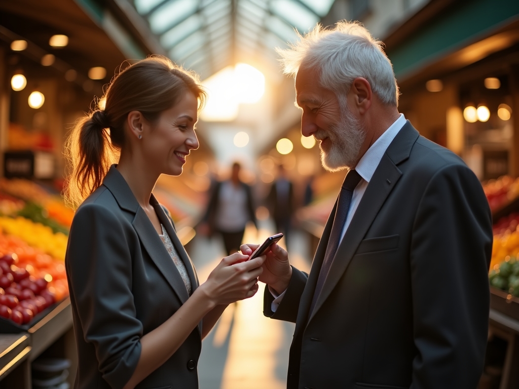 Persona realizando pago móvil en mercado tradicional