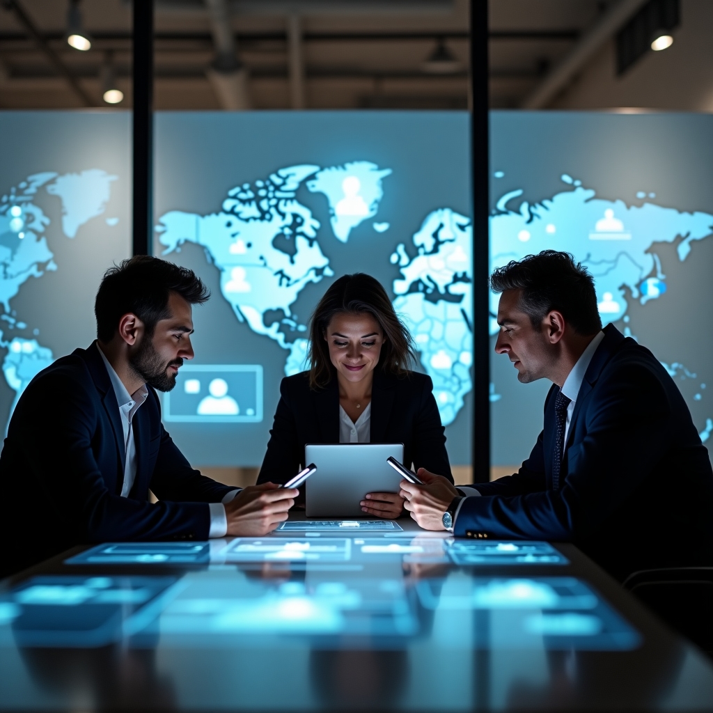 Profesionales en reunión virtual usando dispositivos móviles